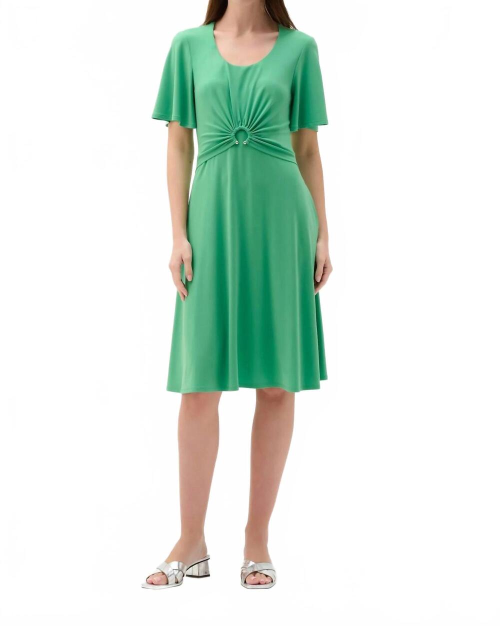NEW JOSEPH RIBKOFF ruched flutter sleeves a-line dress in palm green